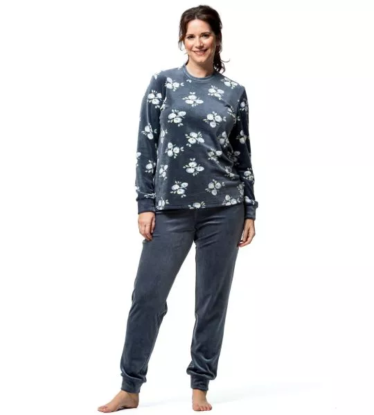Pyjama doux en velours bleu imprimé fleurs