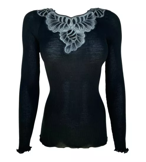 Pull noir décolleté dentelle Laine & Soie