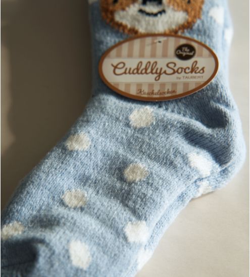 Chaussettes ourson brun sur fond bleu doublées