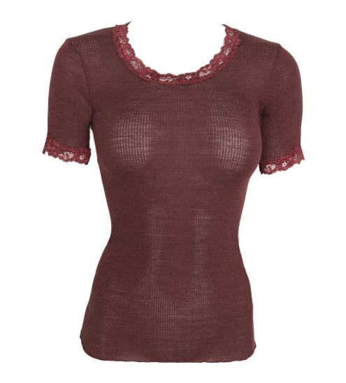 Top à manches courtes marron en laine et soie Cacao