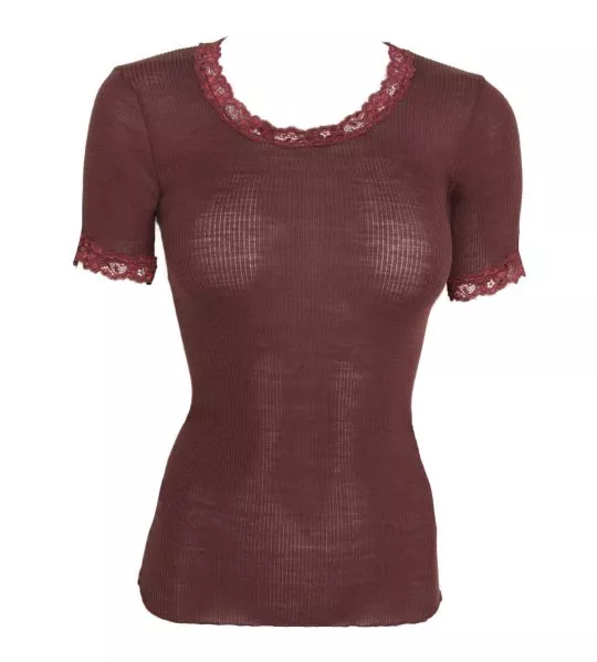 Top à manches courtes marron en laine et soie Cacao