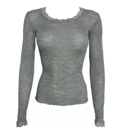 Top laine et soie manches longues Gris Perle
