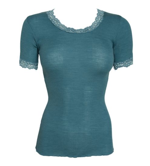 Top à manches courtes bleu en laine et soie Winter Sky