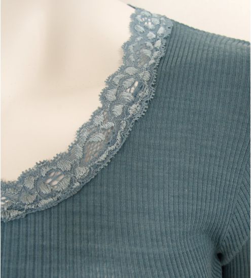 Top à manches courtes bleu en laine et soie Winter Sky