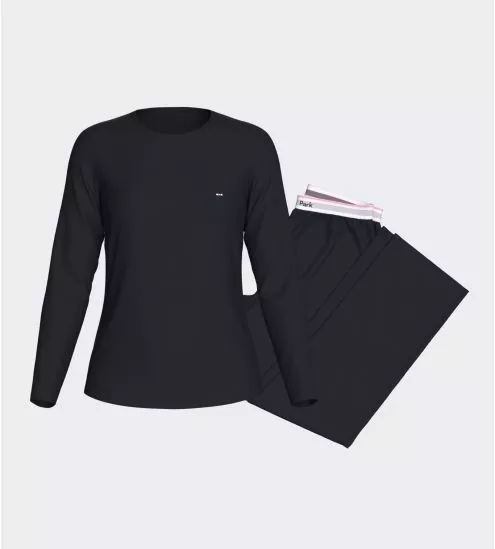 Pyjama uni manches longues en coton femme Bleu Marine