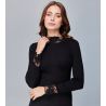 Pull fin noir col montant en laine et soie avec dentelle