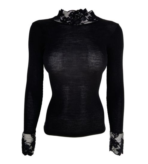 Pull fin noir col montant en laine et soie avec dentelle