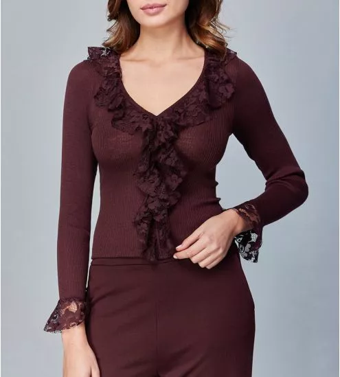 Pull fantaisie manches longues volants dentelle Cacao