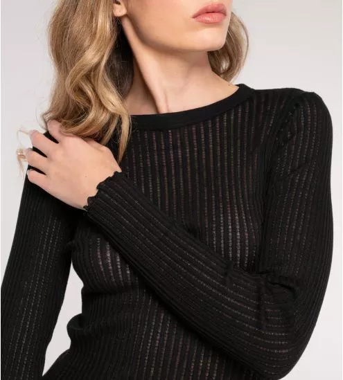 Pull fin ajouré à manches longues Noir