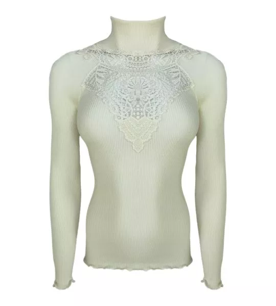 Pull fin côtelé en laine et soie col cheminée macramé Champagne