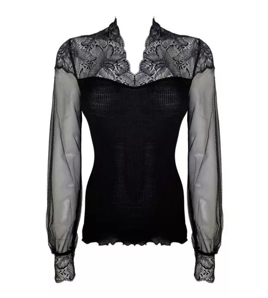 Top manches tulle et dentelle col cheminée Noir