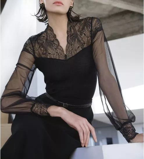 Top manches tulle et dentelle col cheminée Noir