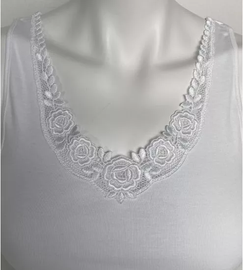 T-shirt blanc sans manches en coton femme col en dentelle