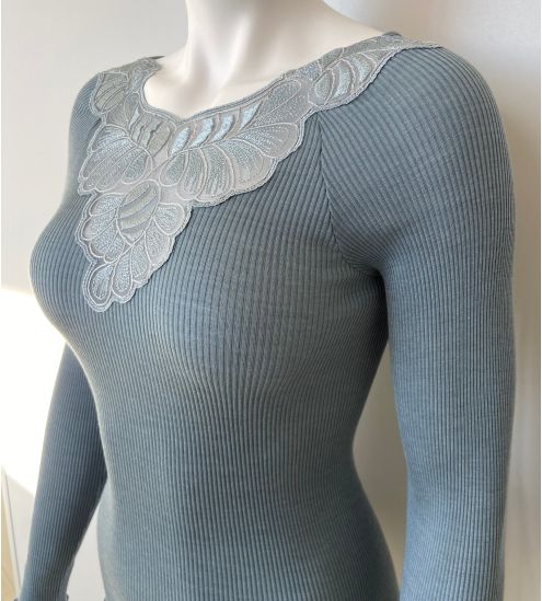Pull fin Laine et Soie col féminin Bleu Sucre