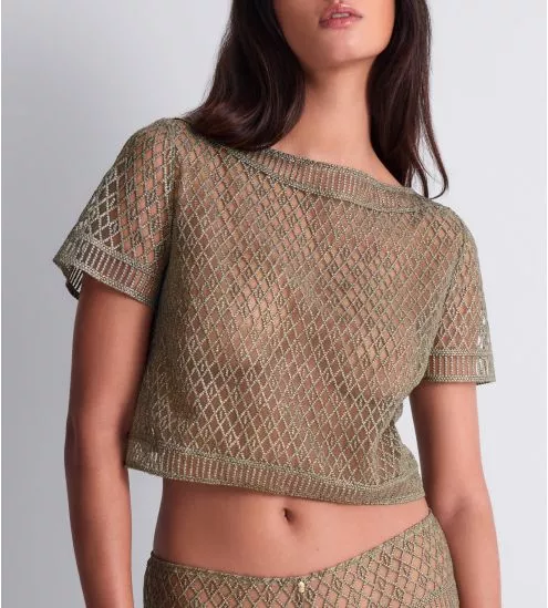 Top manches courtes vert brodé col bateau Stardust Dream Nile Green