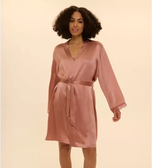 Déshabillé type kimono en soie Love Me Rose Fumé