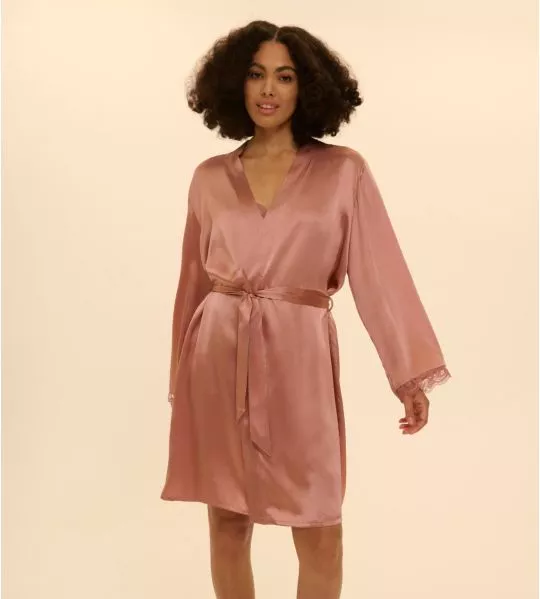 Déshabillé type kimono en soie Love Me Rose Fumé