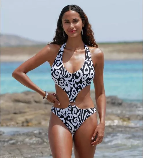 Maillot de bain une pièce sexy La Balinaise Ikat Blanc et Noir