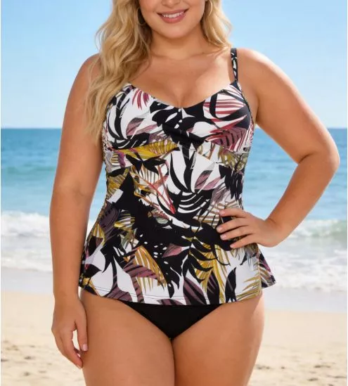 Tankini noir imprimé végétal