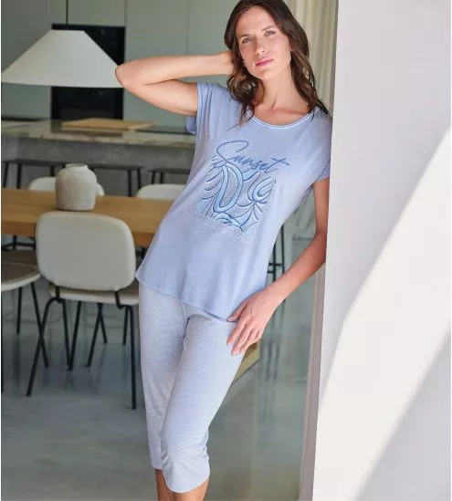 Pyjama corsaire femme Bleu...