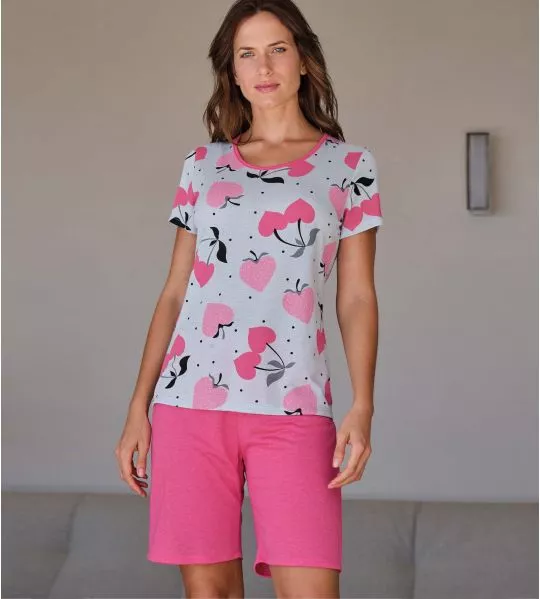 Pyjama court pour femme rose et gris