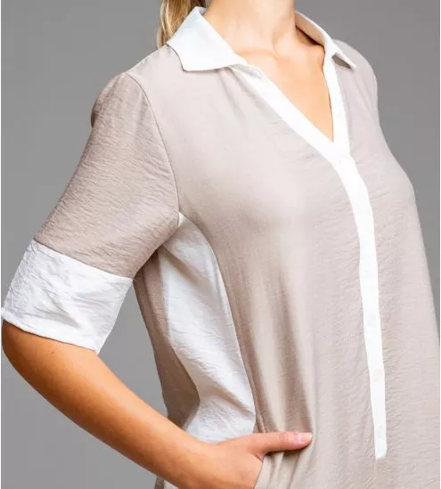 Robe chic col chemise Beige