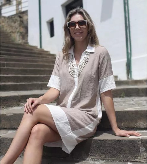 Robe chic col chemise Beige