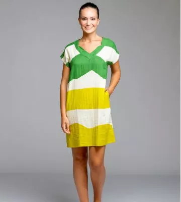 Robe manches courtes effet lin Vert & Jaune