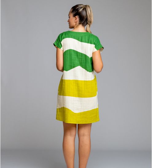 Robe manches courtes effet lin Vert & Jaune