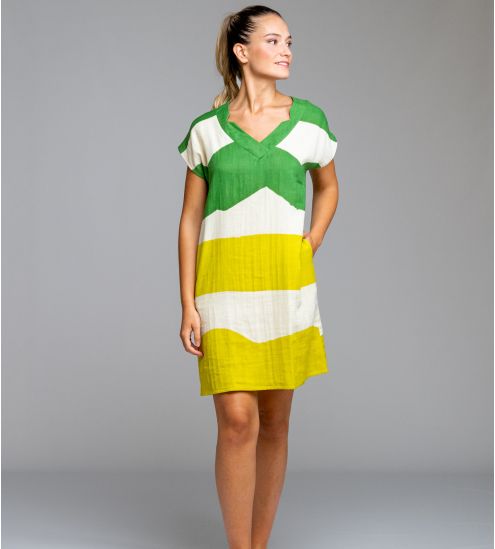 Robe manches courtes effet lin Vert & Jaune