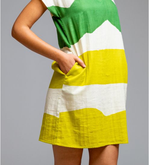 Robe manches courtes effet lin Vert & Jaune