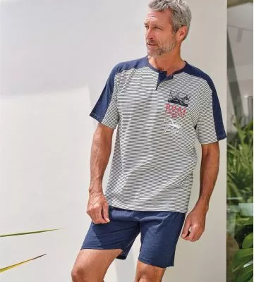 Pyjama court homme bleu chiné à rayures