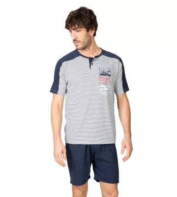 Pyjama court homme bleu chiné à rayures