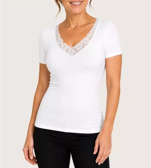 White Short Sleeve Cotton Lace Collar Short Sleeve T-Shirt