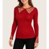 Top à manches longues en tulle brodé Laine & Soie Rouge