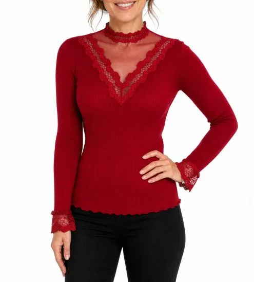 Pull Laine & Soie col en dentelle et tulle Rouge