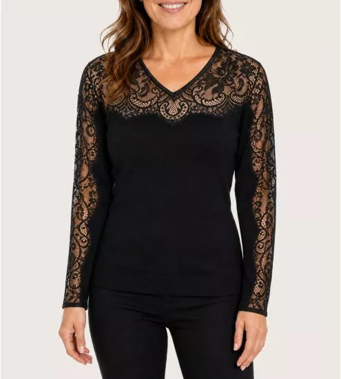 Pull côte plate en dentelle Laine & Soie Noir