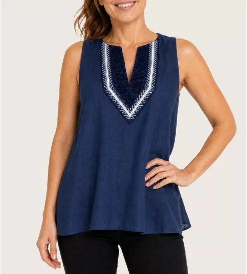 Top en lin sans manches décolleté brodé Bleu