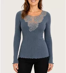 Pull bleu décolleté dentelle Laine & Soie