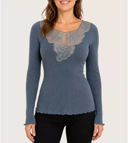 Pull bleu décolleté dentelle Laine & Soie