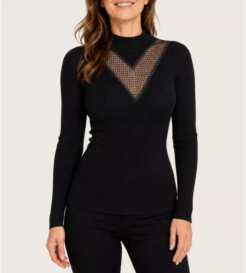 Pull laine & soie avec bande strass Noir