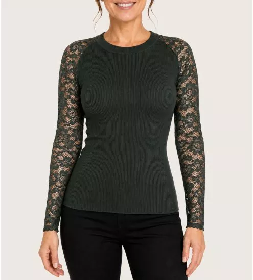 Green wool and silk top with lace sleeves Garden