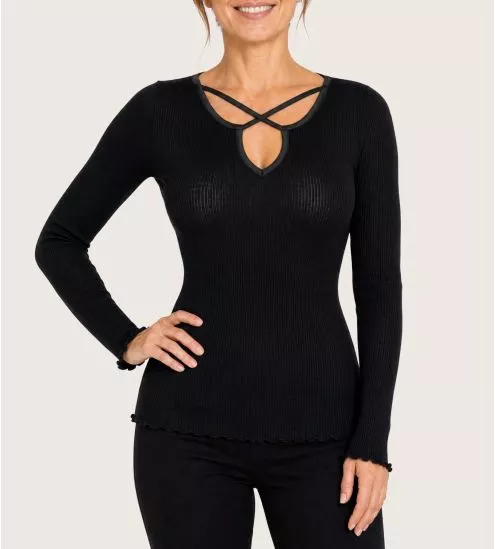 Top Long Sleeves Wolle & Schwarz Seide