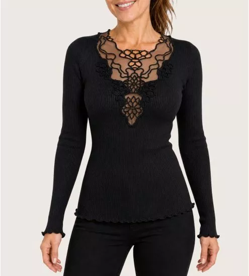 Top manches longues Laine & Soie décolleté macramé Noir