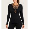 Top Long Sleeves Wolle & Silk Macrame Black Dekolleté