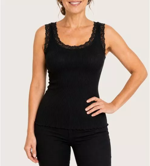 Top sans manches grande taille en laine et soie Noir