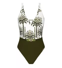 Maillot de bain nageur 1 pièce Palmier Audace Kaki & Blanc