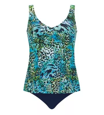 Tankini 2 pièces grand maintien imprimé léopard Bleu Turquoise