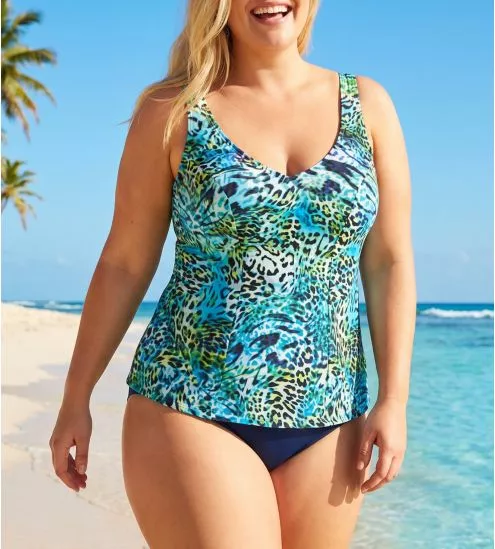 Zweiteiliger Tankini mit vollständiger Stützfunktion, Leopardenmuster, Türkisblau.