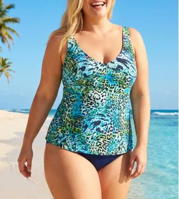 Tankini 2 pièces grand maintien imprimé léopard Bleu Turquoise